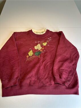 Classic Elements Burgundy Crewneck Sweatshirt with Embroidered Fall Leaves